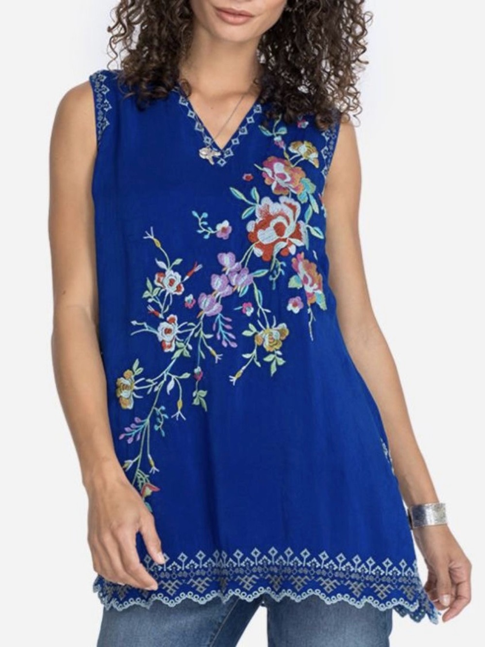 Johnny Was Tallie Tunic Top Royal Blue Floral Embroidery Boho Coastal Size XS